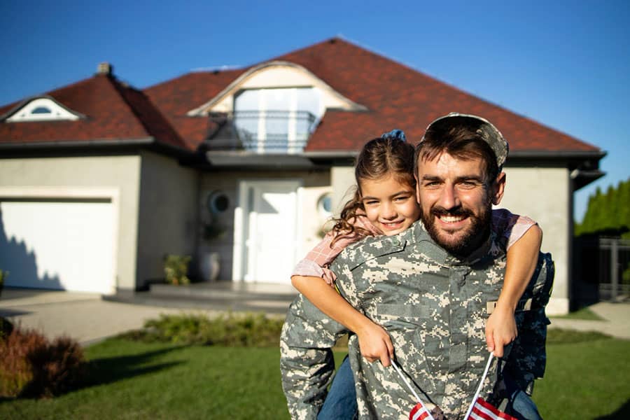 Portrait Father Soldier Uniform Holding His Lovely Daughter Front Their House 2